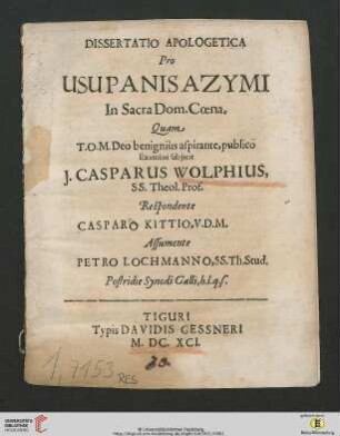 Dissertatio Apologetica Pro Usu Panis Azymi In Sacra Dom. Coena