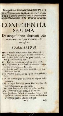 Conferentia Septima De acquisitione dominii per venationem, piscationem, & aucupium