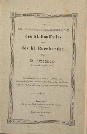 Aus der litterarischen Hinterlassenschaft des hl. Bonifatius und des hl. Burchardus
