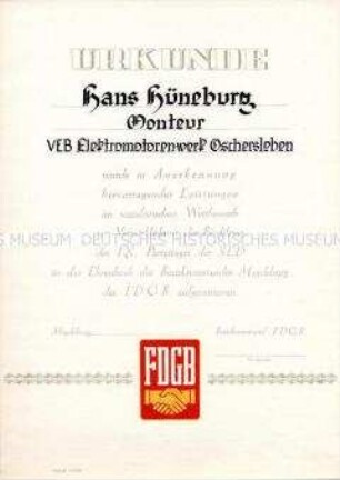 Urkunde zur Aufnahme in das Ehrenbuch des Bezirksvorstandes Magdeburg des FDGB