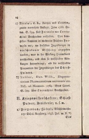 II. Kriegswissenschaften; Schießpulver; Artillerie; u. s. w.