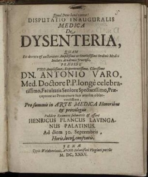 Disputatio Inauguralis Medica De Dysenteria