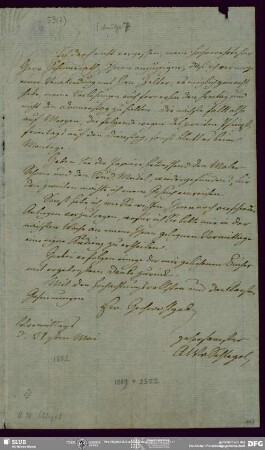 Eigenh. Brief von August Wilhelm von Schlegel an Johannes Schulze mit später montierten Zeitungsausschnitt zum Tode August Wilhelm von Schlegels, Berlin, 31.05.o.J.