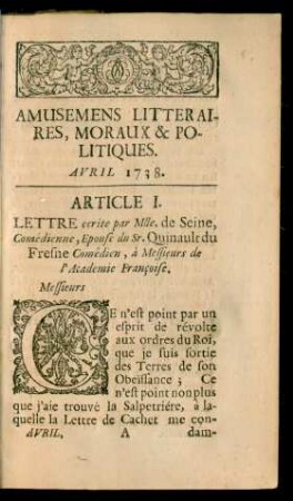 Amusemens Litteraires, Moraux & Politiques. Avril 1738