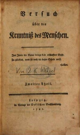 Versuch über die Kenntniß des Menschen, Zweiter Theil