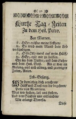 Kurtze Tag-Zeiten Zu dem Heil. Petro.
