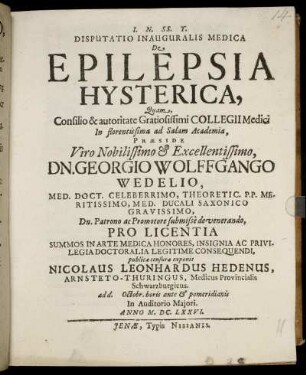 Disputatio Inauguralis Medica De Epilepsia Hysterica