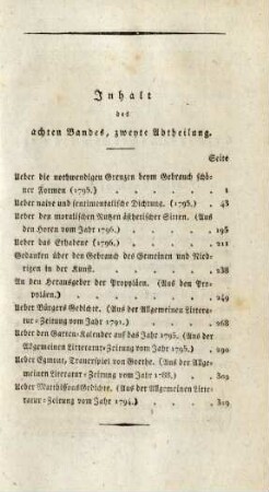 Inhalt des achten Bandes, zweyte Abtheilung