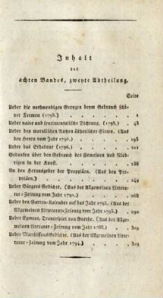 Inhalt des achten Bandes, zweyte Abtheilung