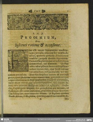 Prooemium, De Instituti ratione & occasione