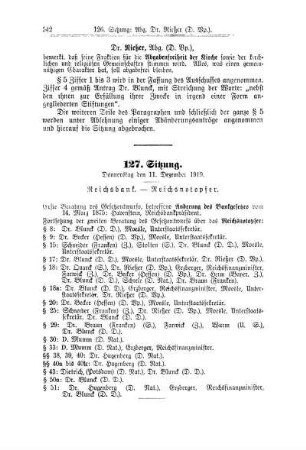 127. Sitzung. Donnerstag den 11. Dezember 1919
