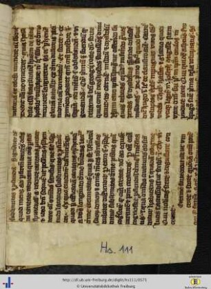 [Hinterer Spiegel] Fragment einer Pergamenthandschrift des 14. Jhs.