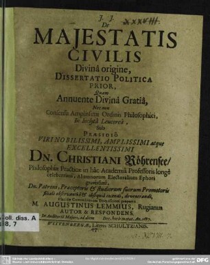 De majestatis civilis : divinâ origine, dissertatio politica prior