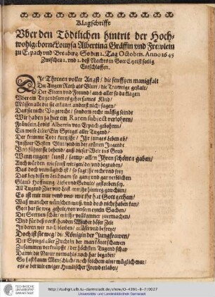 Klagschriffe Vber den Tödtlichen hintrit der Hochwohlgeborne Louysa Albertina Gräffin und Frewlein zu Erbach und Breuberg. ...