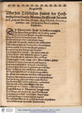 Klagschriffe Vber den Tödtlichen hintrit der Hochwohlgeborne Louysa Albertina Gräffin und Frewlein zu Erbach und Breuberg. ...