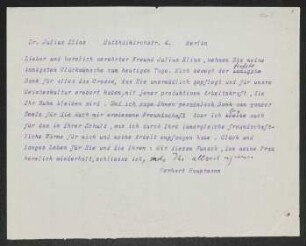 Brief von Gerhart Hauptmann an Julius Elias