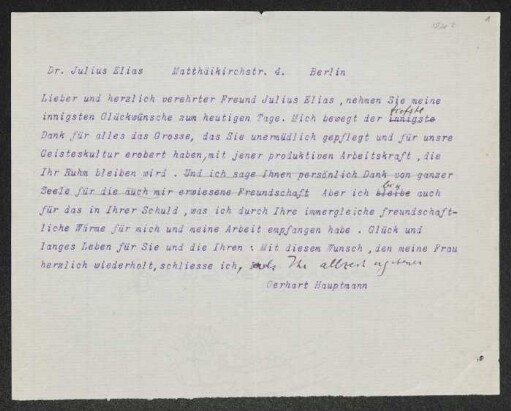Brief von Gerhart Hauptmann an Julius Elias