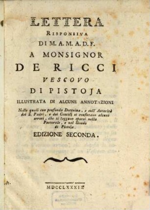 Lettera risponsiva ... à M. de Ricci, Vescovo di Pistoja
