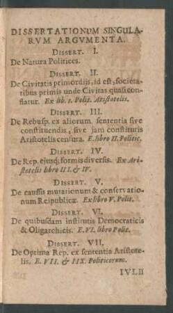 Dissertationum Singularum Argumenta.