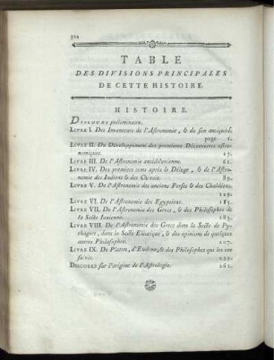 Table des Divisions Principales de cette Historie.