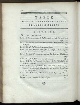 Table des Divisions Principales de cette Historie.