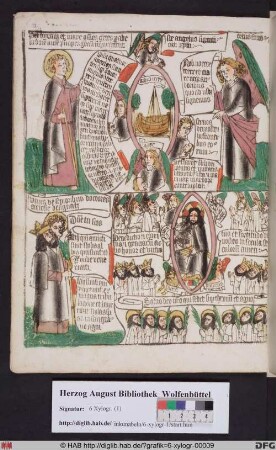 Oben: Vier Engel halten die vier Winde der Erde fest (Offenb. 7,1). Unten: Die große Schar aus allen Völkern vor dem Thron Gottes (Offenb. 7,9).