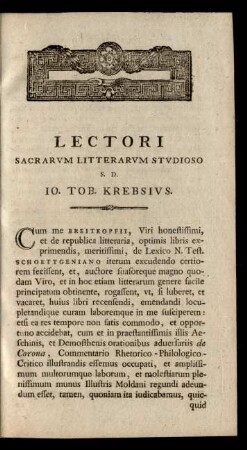 Lectori Sacrarum Litterarum Studioso S.D. IO. Tob. Krebsius