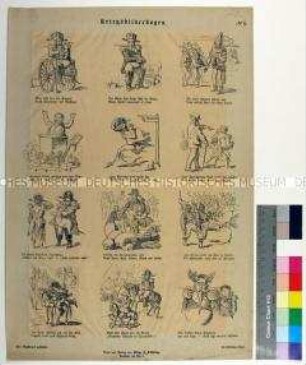 Illustrierter Kriegsbilderbogen mit 12 Karikaturen auf Napoleon III., den Deutsch-Französischen Krieg und die Kriegsmobilmachung auf beiden Seiten - Blatt 1
