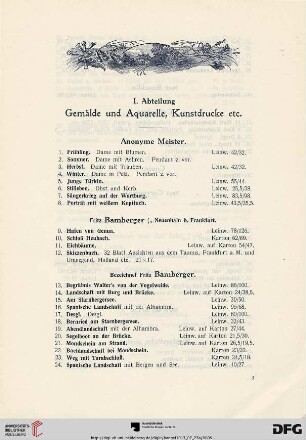I. Abteilung. Gemälde und Aquarelle, Kunstdrucke etc. (Nr. 1-136)