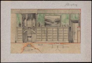 Villa Sirius, Baden-Baden: Ansicht und Grundriss eines Innenraums und des Interieurs der Villa