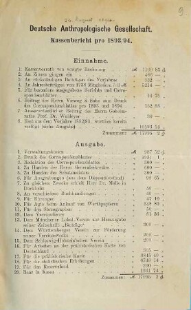 Kassenbericht pro 1893/94. : [24. August 1894.]