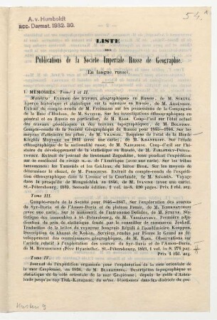 Liste des Publications de la Société Impériale Russe de Geographie.