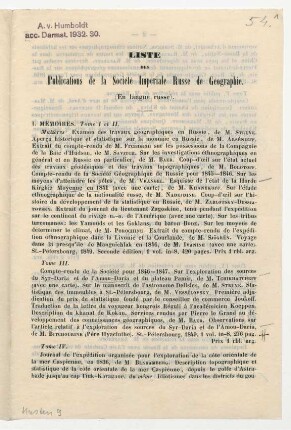 Liste des Publications de la Société Impériale Russe de Geographie.
