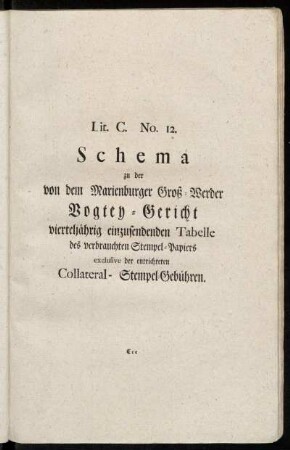 Lit. C. No. 12. Schema zu der von dem Marienburger Groß-Werder Vogtey-Gericht vierteljährig einzusendenden Tabelle des verbrauchten Stempel-Papiers exclusive der entrichteten Collateral- Stempel-Gebühren