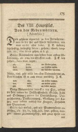 Des VIII Hauptstück. Von den Nebenwörtern. (Adverbiis).