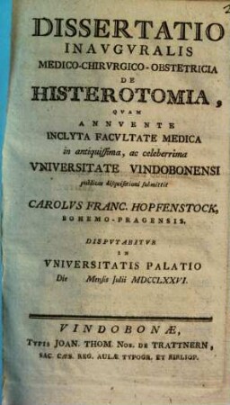 Dissertatio Inauguralis Medico-Chirurgico-Obstetrica De Histerotomia