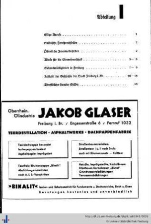 Abteilung I. Eilige Anrufe, städtische Fernsprechstellen, Feuermeldestellen, Winke für die Einwohnerschaft, Sehenswürdigkeiten, Zeittafel der Stadt Freiburg i.Br., Adreßbücher fremder Städte.