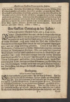 Am fünfften Sonntag in der Fasten / Judica genannt / Epistel Hebr. am 9. Cap. v. 11.