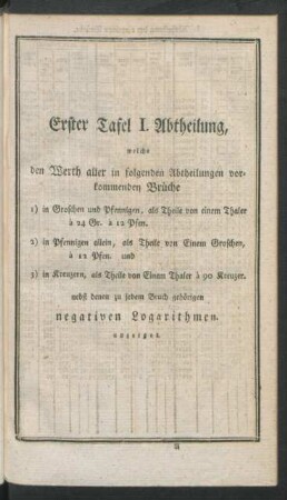 Erster Tafel I. Abtheilung, welche den Werth aller in folgenden Abtheilungen vorkommenden Brüche 1) in Groschen und Pfennigen ... 2) in Pfennigen allein ... 3) in Kreuzern, als Theile von Einem Thaler ... anzeiget,