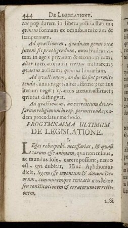 Progymnasma Ultimum. De Legislatione
