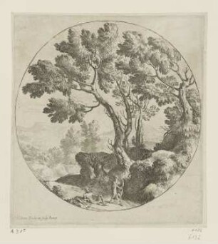 Landschaft mit einem Mann im Mantel und einem nackten Mann, aus: "Landschaft mit Staffage im Rundformat"