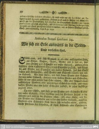 Articulus Statuti Gothani 24. Wie sich ein Erbe in die Seiten-Linie verfallen thut