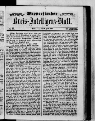 Wipperfürther Kreis-Intelligenzblatt : amtliches Organ des Kreises Wipperfürth