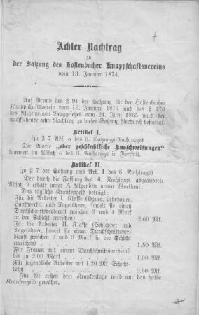 Achter Nachtrag zu dem Statut des Hostenbacher Knappschaftsvereins.