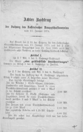 Achter Nachtrag zu dem Statut des Hostenbacher Knappschaftsvereins.