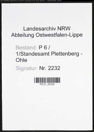 Heiratsregister Standesamt Plettenberg-Ohle