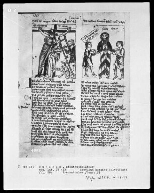 Speculum humanae salvationes — Textseite mit zwei Miniaturen, Folio 28verso