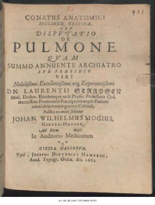 Conatus Anatomici Specimen Tertium, Seu Disputatio De Pulmone