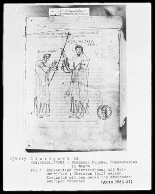 Hrabanus Maurus, Commentaria in quattuor libros regum — Christus übergibt seinen Kreuzstab dem sündigen Menschen, Folio 1recto