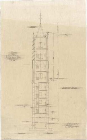 Gsaenger, Gustav; Kassel (Hessen); Kreuzkirche, Wiederaufbau - Tektur zum Eingabeplan, Turm (Schnitt)